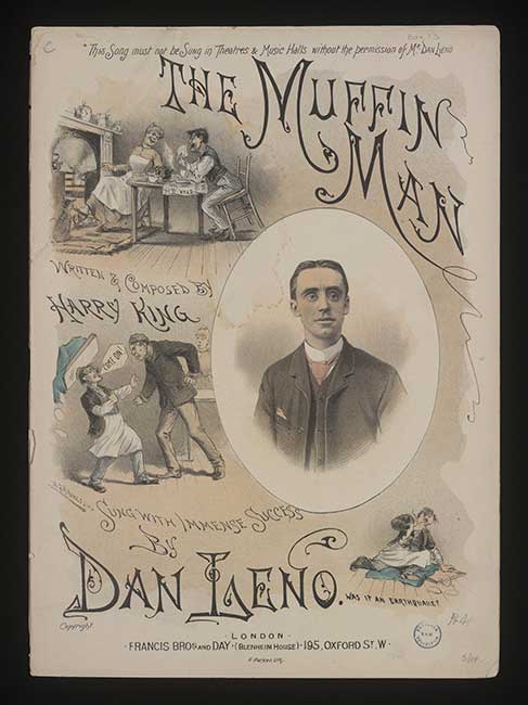 Colour lithograph and printed pages, sheet music cover for The Muffin Man