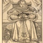 Portrait of Elizabeth I, seated on a throne, holding orb and sceptre. Woodcut