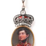 A Royal gold, diamond and enamel portrait miniature pendant of George IV, miniature by Henry Bone R.A., London, dated 1821
